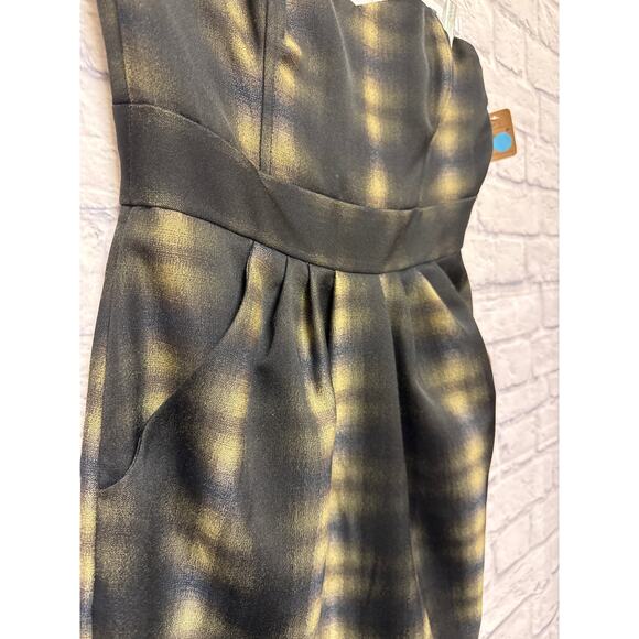 H&M Y2K Strapless Plaid Mini Dress w/Pleats and Pockets Black Tan Blue SZ 8 NWOT - Picture 2 of 4
